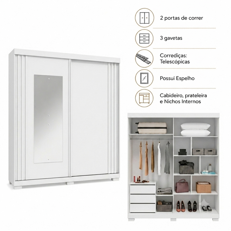 Guarda-Roupa Solteiro 100% MDF Com Espelho 2 Portas 3 Gavetas Athena ACP Móveis