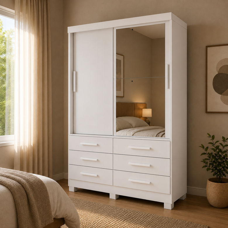 Guarda-Roupa Solteiro Buriti 2 Portas 6 Gavetas com Espelho Novo Horizonte