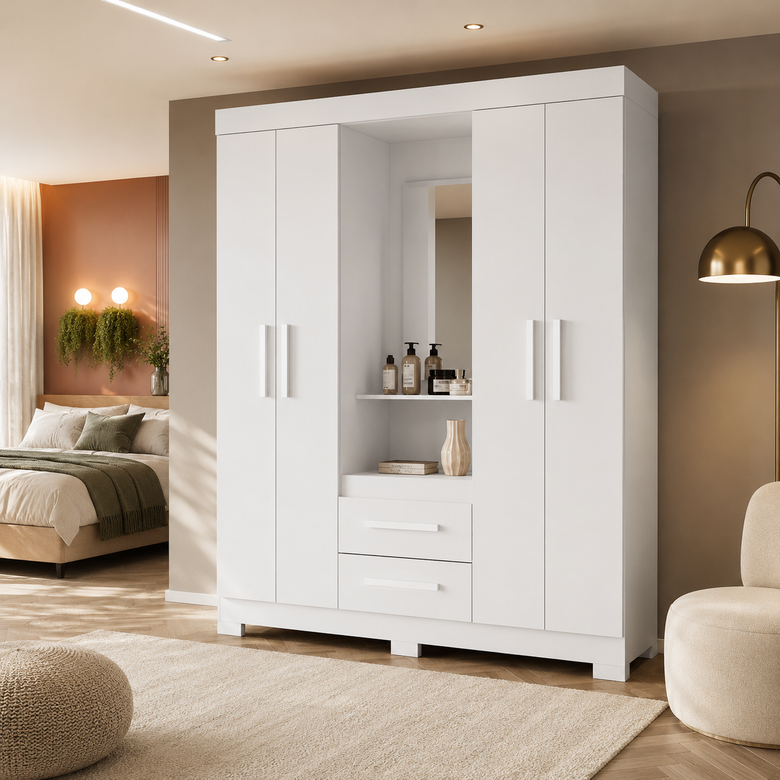 Guarda-Roupa Solteiro Com Espelho 4 Portas 2 Gavetas NT 6055 Notável