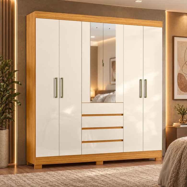 Guarda-roupa Casal 100% MDF 6 Portas 4 Gavetas Com Espelho Ópera Demóbile