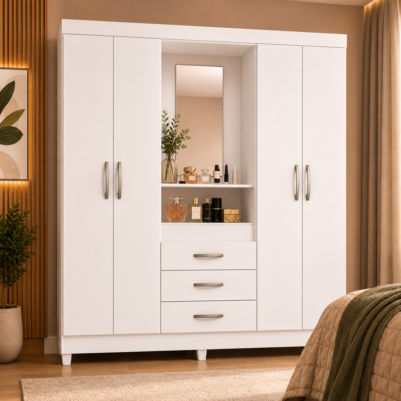 Guarda-Roupa Solteiro 4 Portas com Espelho 3 Gavetas Capri Moval