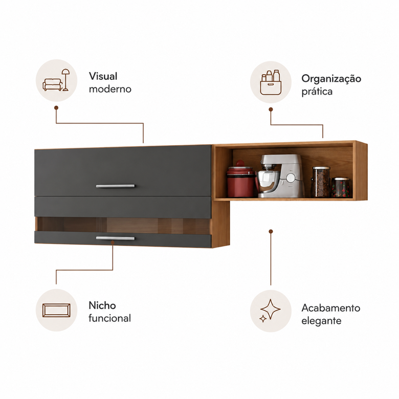 Armário Aéreo Duplo 100% MDF 2 Portas 200Cm Carménère Ronipa