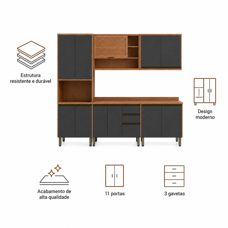 Cozinha Modulada 5 Peças 11 Portas 3 Gavetas Macadâmia Telasul