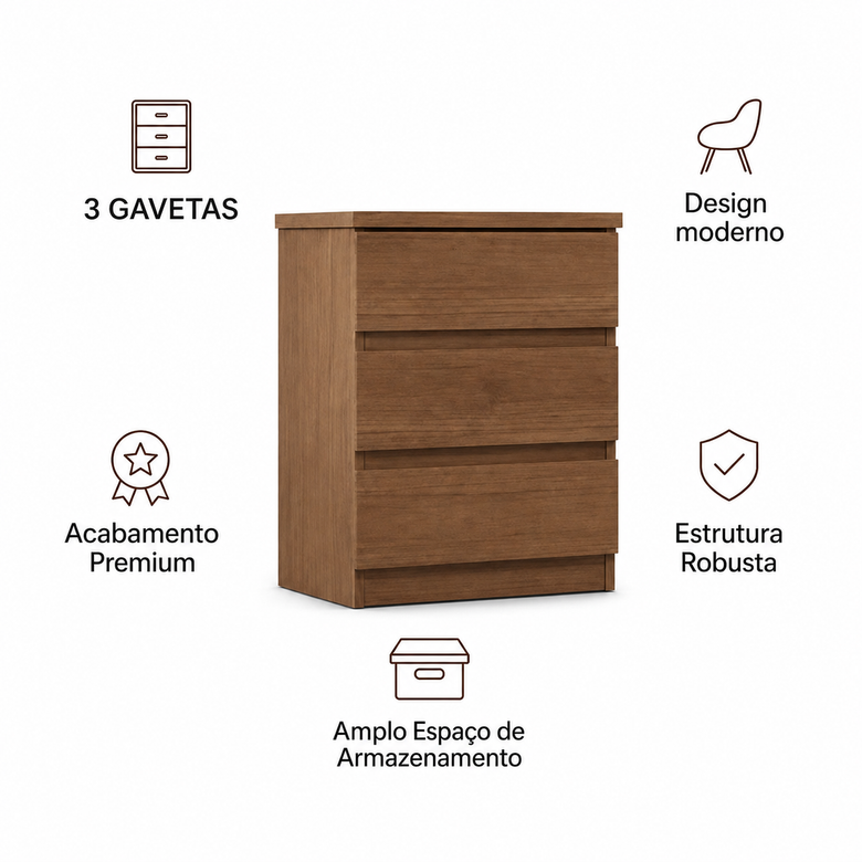 Mesa de Cabeceira 3 Gavetas Bari Gold Novo Horizonte