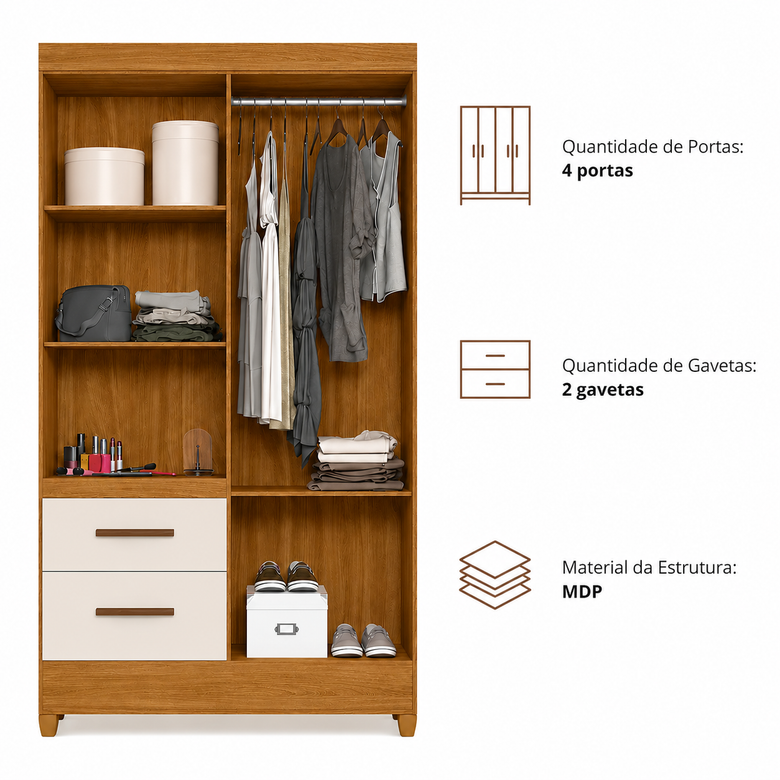 Guarda-Roupa Solteiro 4 Portas 2 Gavetas Madri Moval