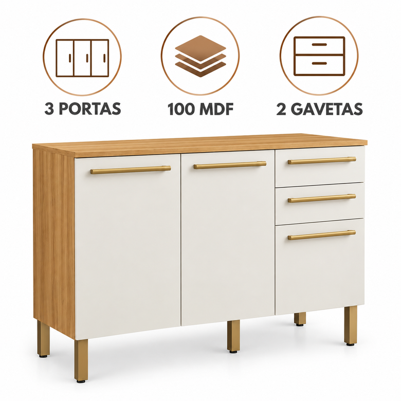 Balcão De Cozinha 100% MDF 120cm 3 Portas 2 Gavetas Carménère Ronipa