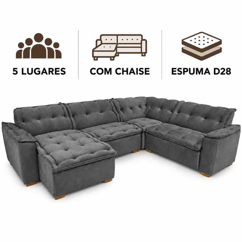 Sofá De Canto Premium 5 Lugares Chaise Inovaflex