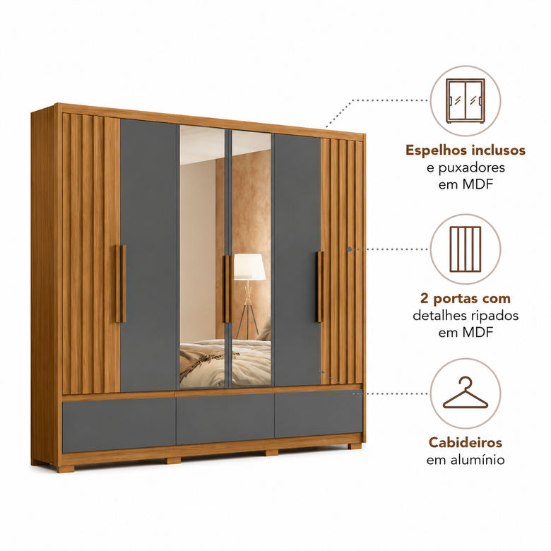 Guarda-Roupa Casal 6 Portas 5 Gavetas com Espelho Amazonas Moval