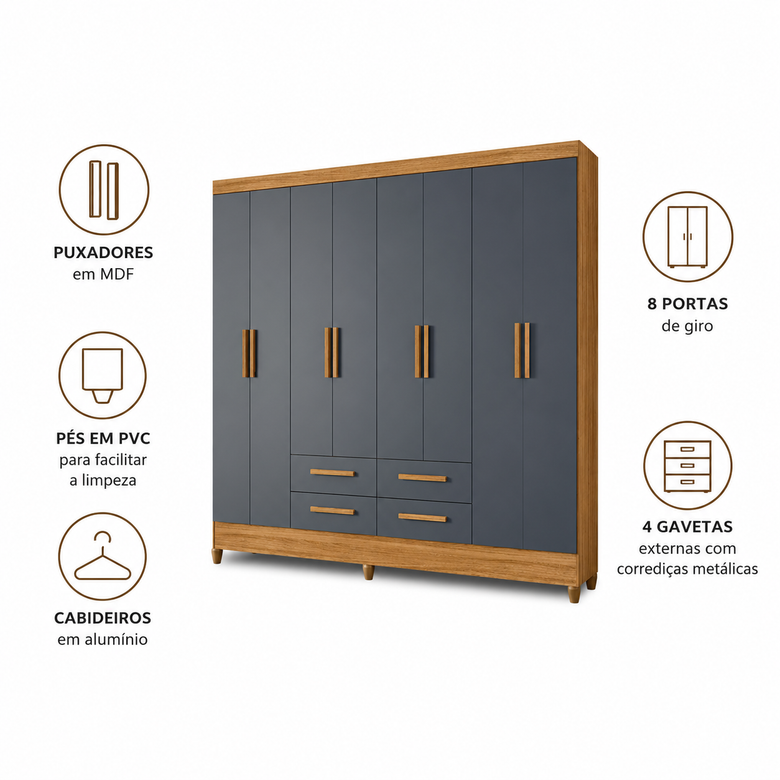 Guarda-Roupa Casal Florida 8 Portas 4 gavetas Moval