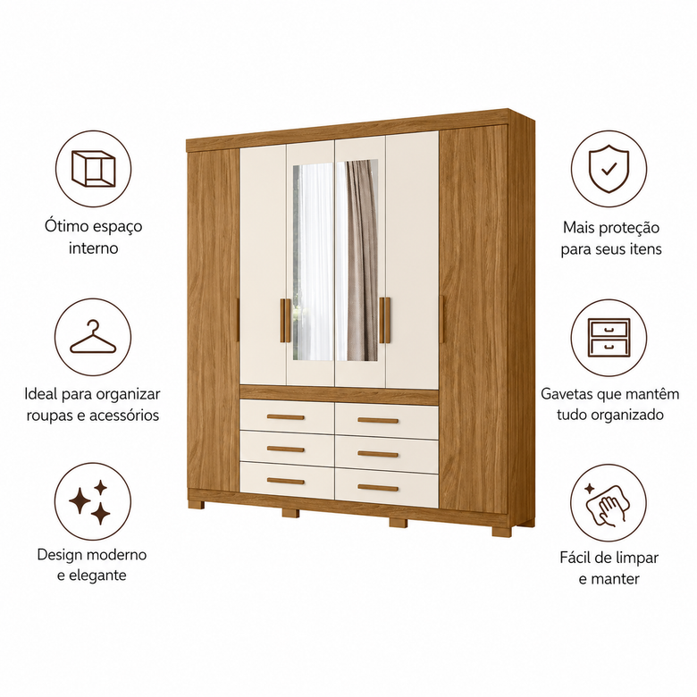 Guarda-Roupa De Casal França Com Espelho 6 Portas 6 Gavetas Moval