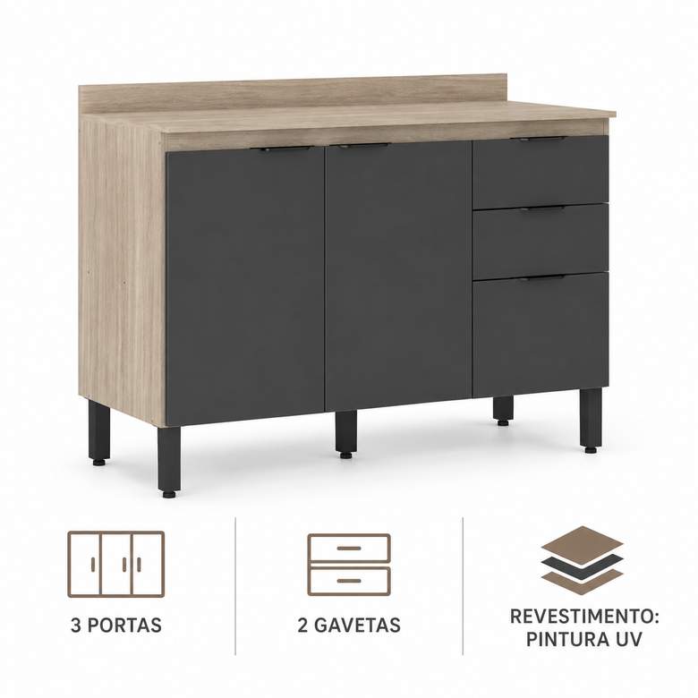 Balcão De Cozinha 3 Portas 2 Gavetas Firenze Demóbile