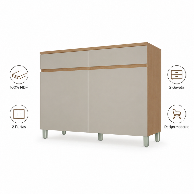 Balcão de Cozinha 100% MDF Com Tampo 120cm 2 Portas 2 Gavetas Realeza Nesher