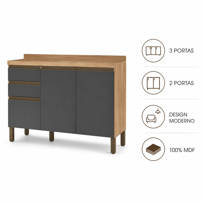 Balcão De Cozinha 100% MDF Com Tampo 120cm Chardonnay Ronipa