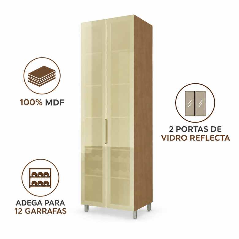 Cristaleira 100% MDF 2 Portas Vidro Reflecta Nesher