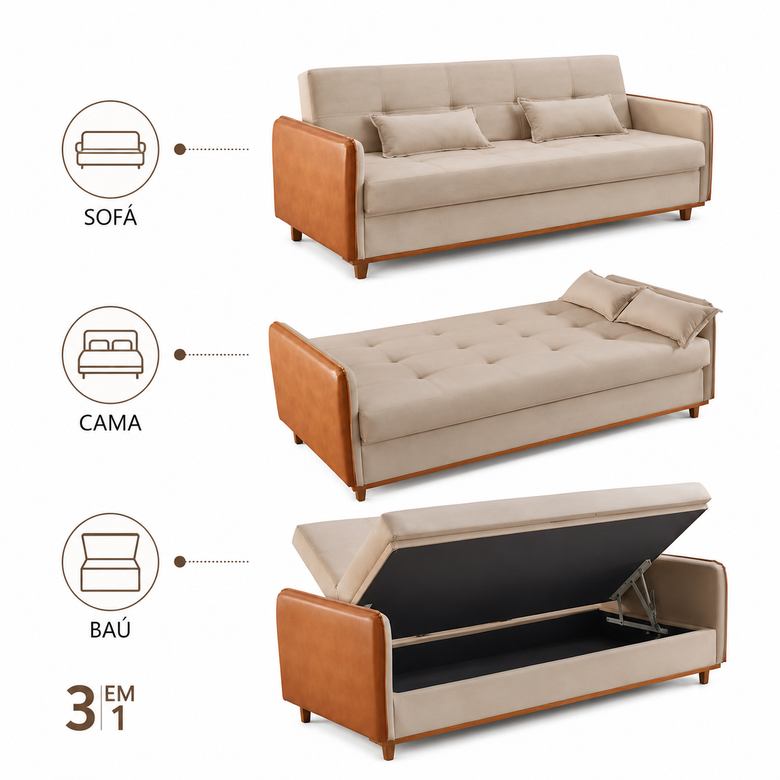 Sofá Cama Com Baú 3 em 1 D26 205x92 Ipanema Luxury