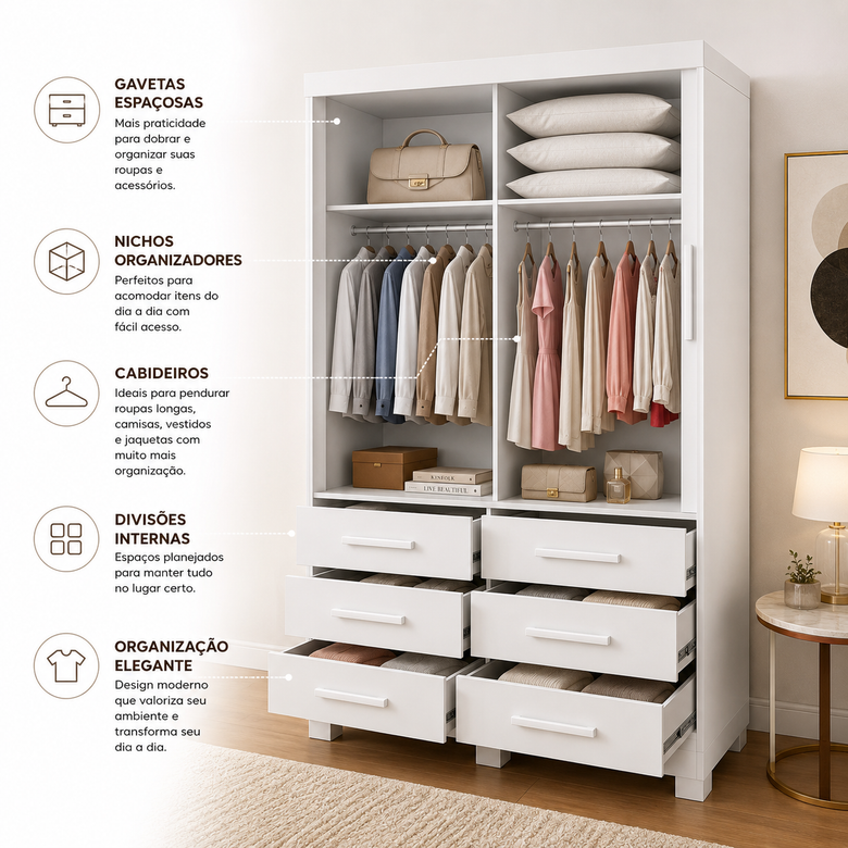 Guarda-Roupa Solteiro Buriti 2 Portas 6 Gavetas com Espelho Novo Horizonte