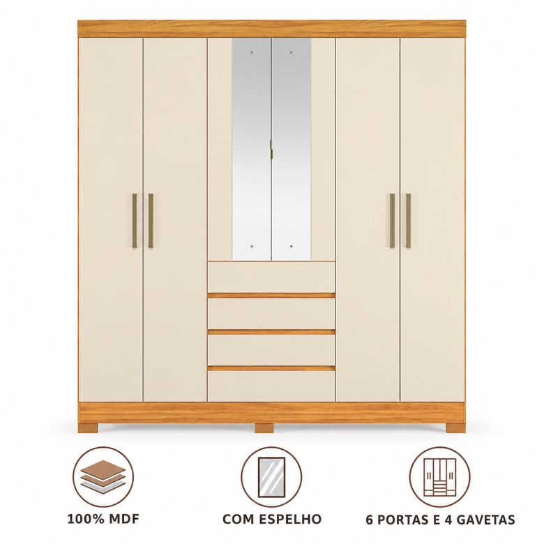 Guarda-roupa Casal 100% MDF 6 Portas 4 Gavetas Com Espelho Ópera Demóbile