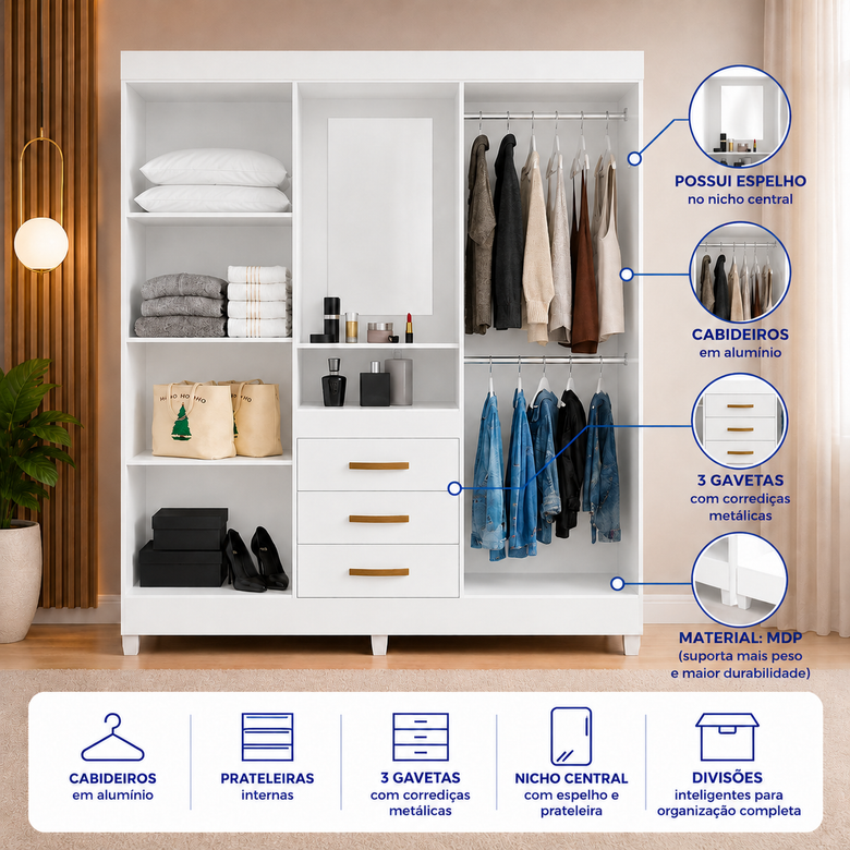 Guarda-Roupa Solteiro 4 Portas com Espelho 3 Gavetas Capri Moval