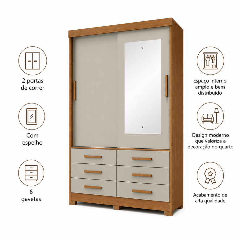 Guarda-Roupa Solteiro Buriti 2 Portas 6 Gavetas com Espelho Novo Horizonte