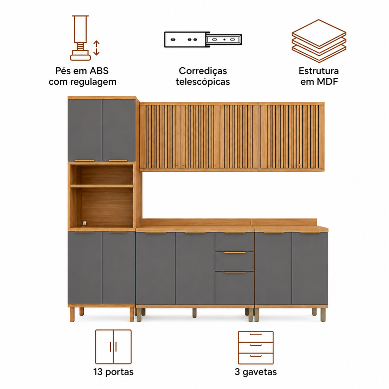 Cozinha Modulada 5 Peças 13 Portas 3 Gavetas Sauvignon Ronipa