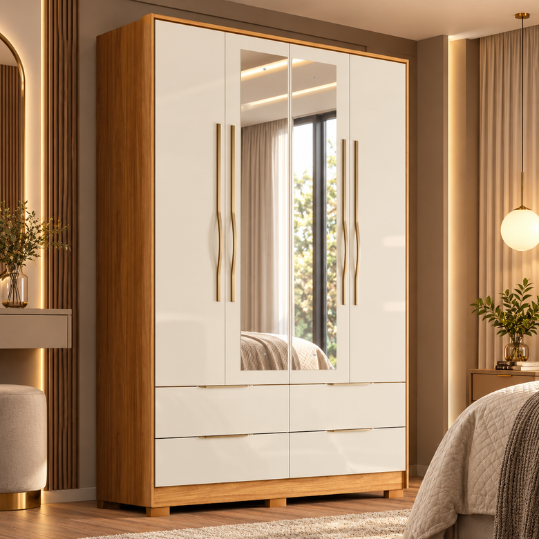 Guarda-Roupa Casal Com Espelho 4 Portas 4 Gavetas Domo Demóbile