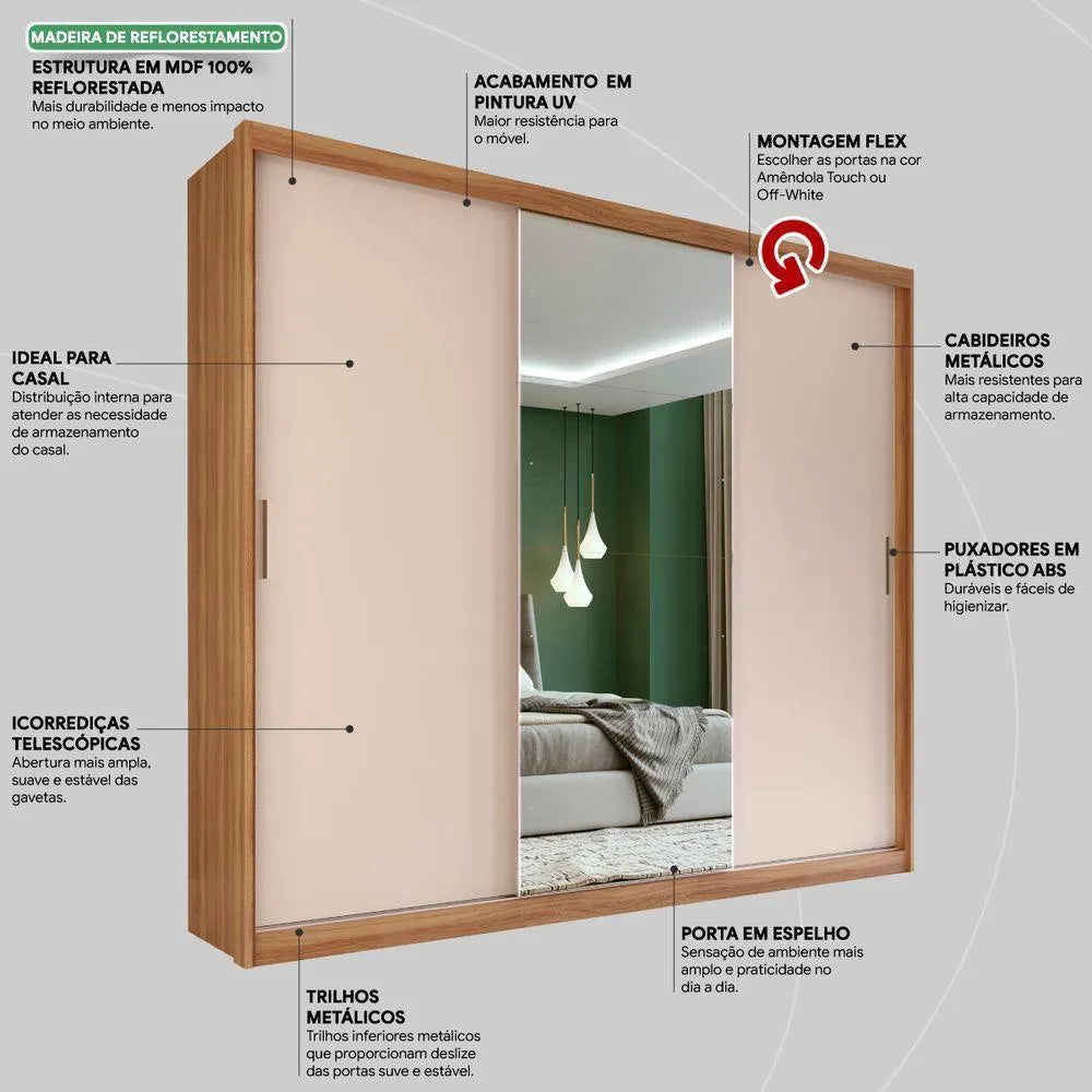 Guarda Roupa Casal 3 Portas 4 Gavetas com Espelho Dalila Demóbile
