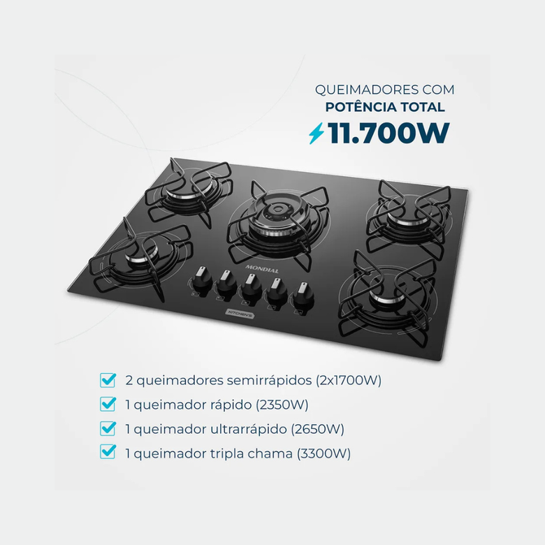 Cooktop a Gás 5 Bocas Tripla Chama Mondial CTG-03
