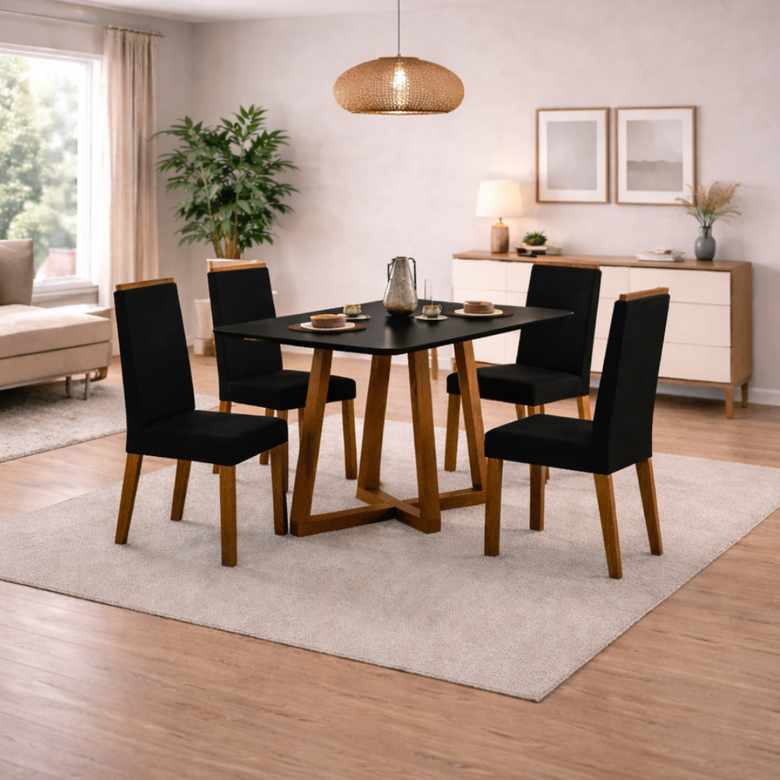 Conjunto de Mesa de Jantar 120x90cm Quadrada com 4 Cadeiras Livia Sonetto