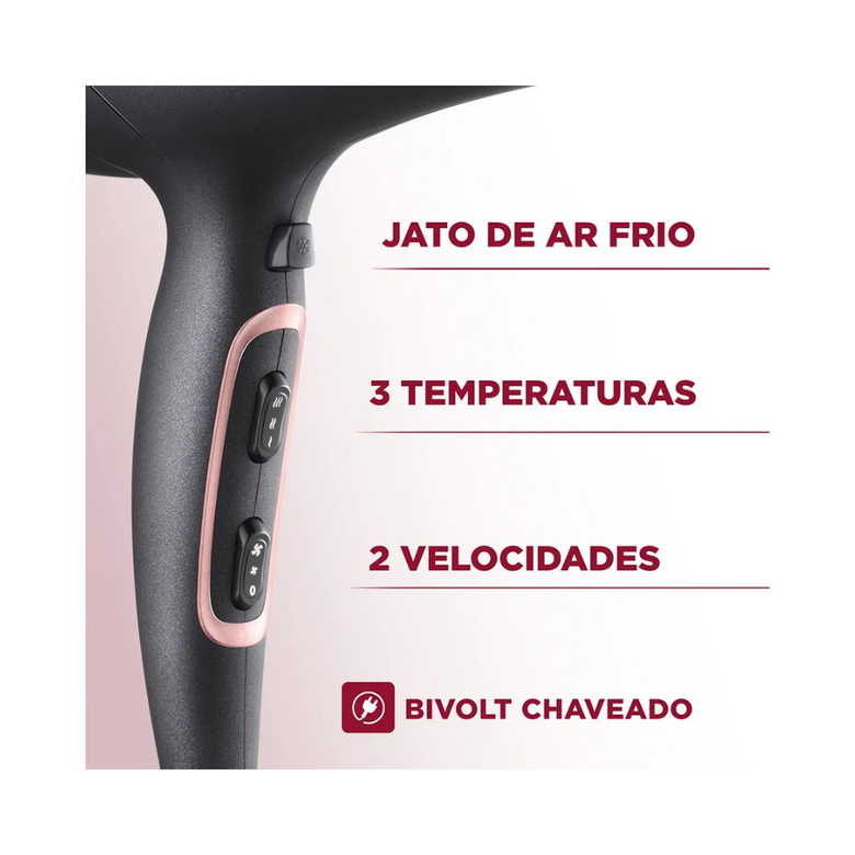 Secador de Cabelos Mondial Preto/Golden Rose Bivolt - SC-37-BI