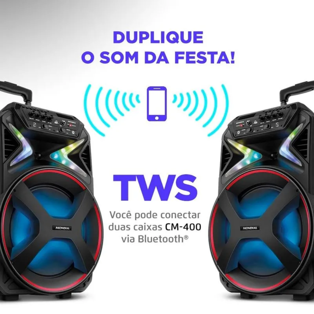 Caixa Amplificada Mondial CM-400 Connect Lights 400W Bluetooth USB/AUX/MIC