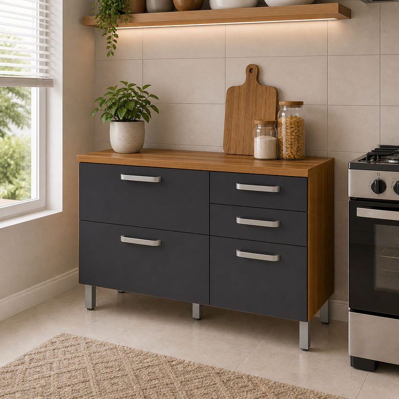 Balcão de Cozinha Princesa 120cm 2 Portas 3 Gavetas com Tampo Nesher