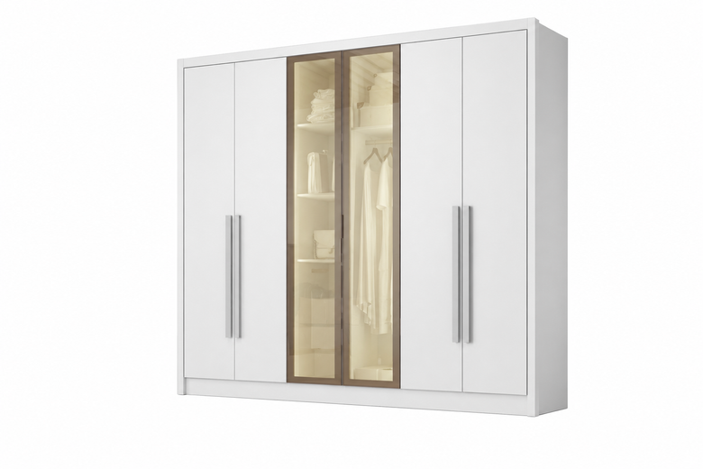 Guarda-Roupa Rizon Glass 6 Portas 6 Gavetas com Espelho, Pés e LED Novo Horizonte