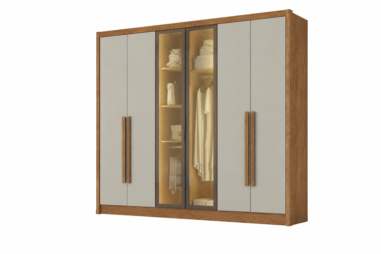 Guarda-Roupa Rizon Glass 6 Portas 6 Gavetas com Espelho, Pés e LED Novo Horizonte