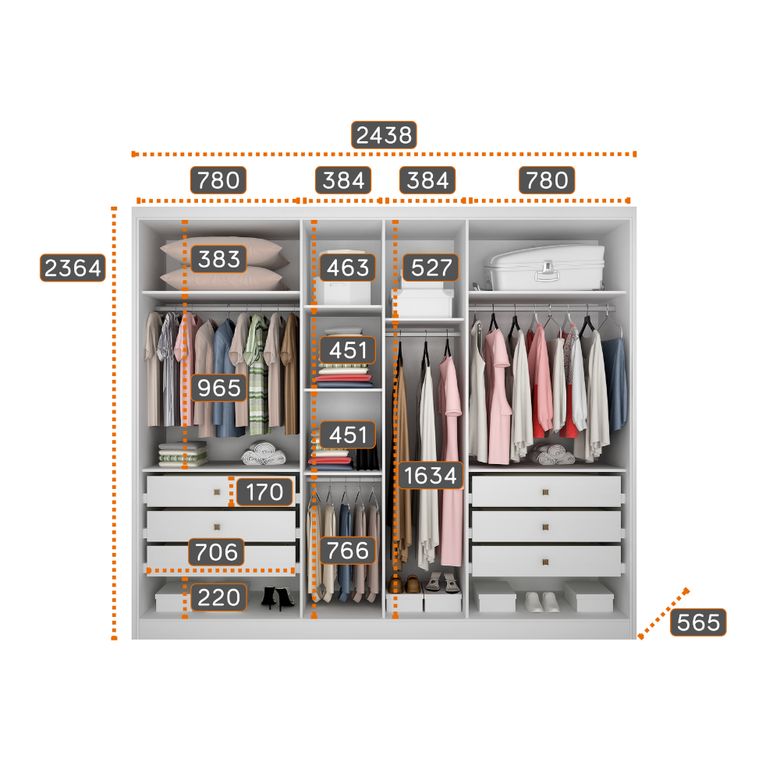 Guarda-Roupa Rizon Glass 6 Portas 6 Gavetas com Espelho, Pés e LED Novo Horizonte
