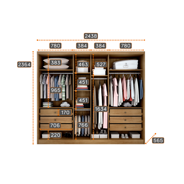 Guarda-Roupa Rizon Glass 6 Portas 6 Gavetas com Espelho, Pés e LED Novo Horizonte