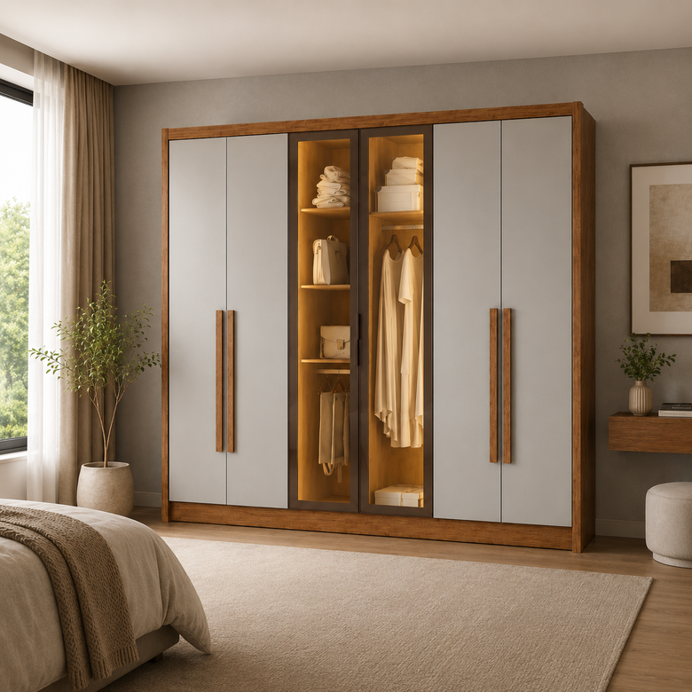 Guarda-Roupa Rizon Glass 6 Portas 6 Gavetas com Espelho, Pés e LED Novo Horizonte