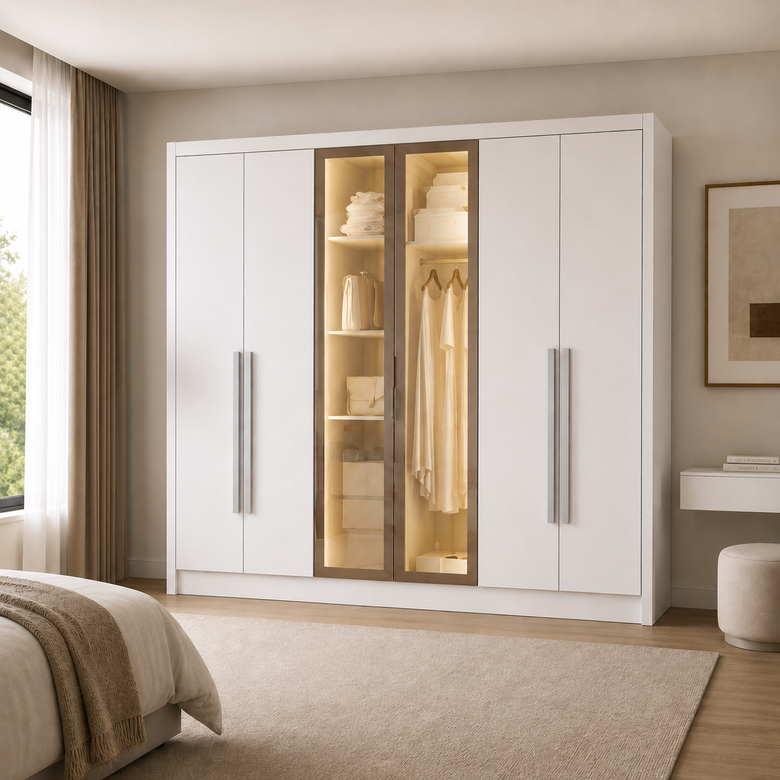 Guarda-Roupa Rizon Glass 6 Portas 6 Gavetas com Espelho, Pés e LED Novo Horizonte