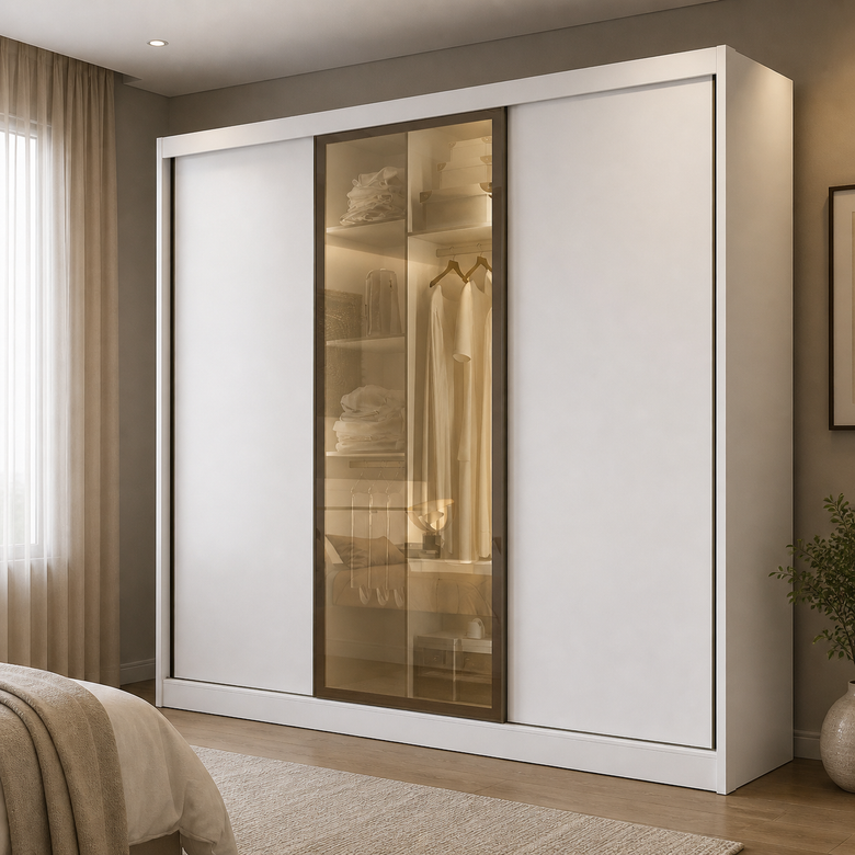 Guarda-Roupa Casal Diamond Glass 3 Portas 6 Gavetas e LED Novo Horizonte