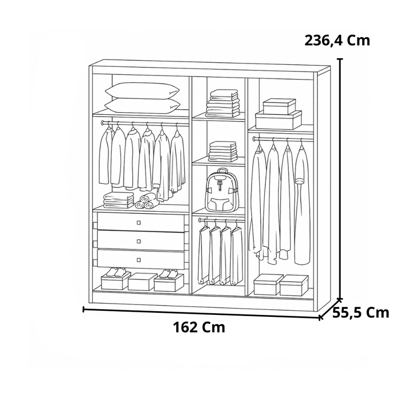 Guarda-Roupa Virtus Glass 2 Portas 3 Gavetas com Espelho e LED Novo Horizonte
