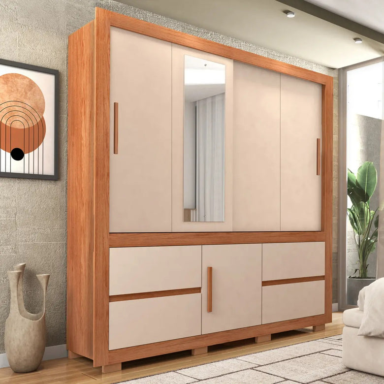 Guarda-Roupa Solteiro Optimus 1,9 3 Portas 4 Gavetas Caemmun com Espelho