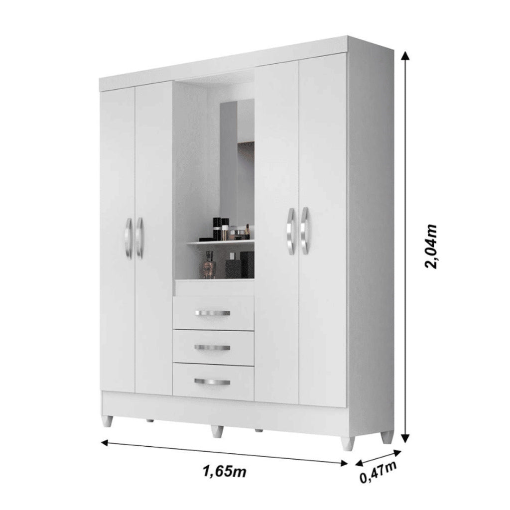 Guarda Roupa Solteiro 4 Portas com Espelho 3 Gavetas Capri Branco/Rosa - Moval