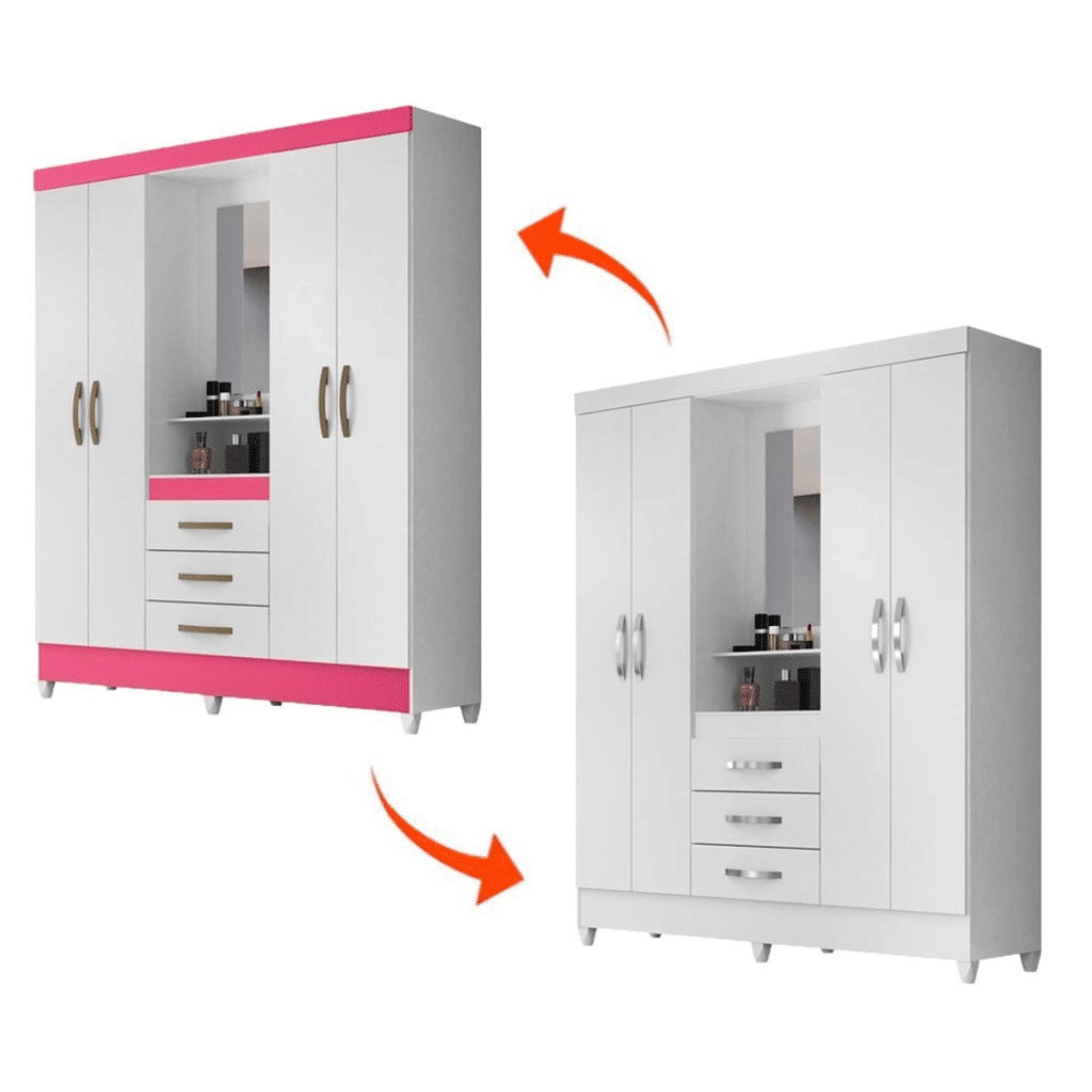 Guarda Roupa Solteiro 4 Portas com Espelho 3 Gavetas Capri Branco/Rosa - Moval