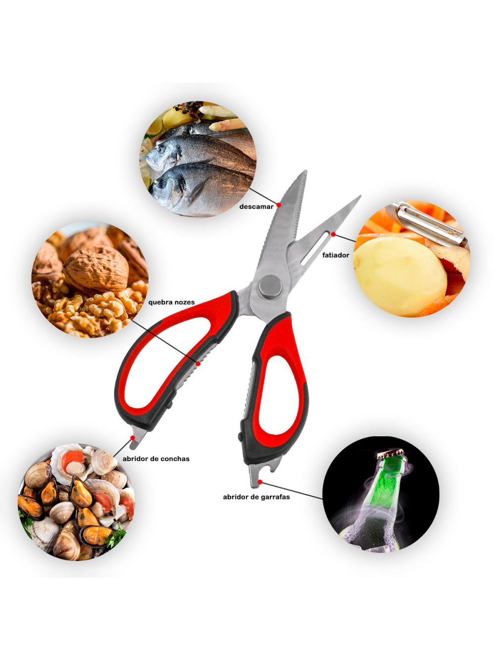 Tesoura Culinaria P/ Casa Cozinha Corta Desossa  Limpa Peixe Carne Frango 6 em 1 Cor:Vermelho