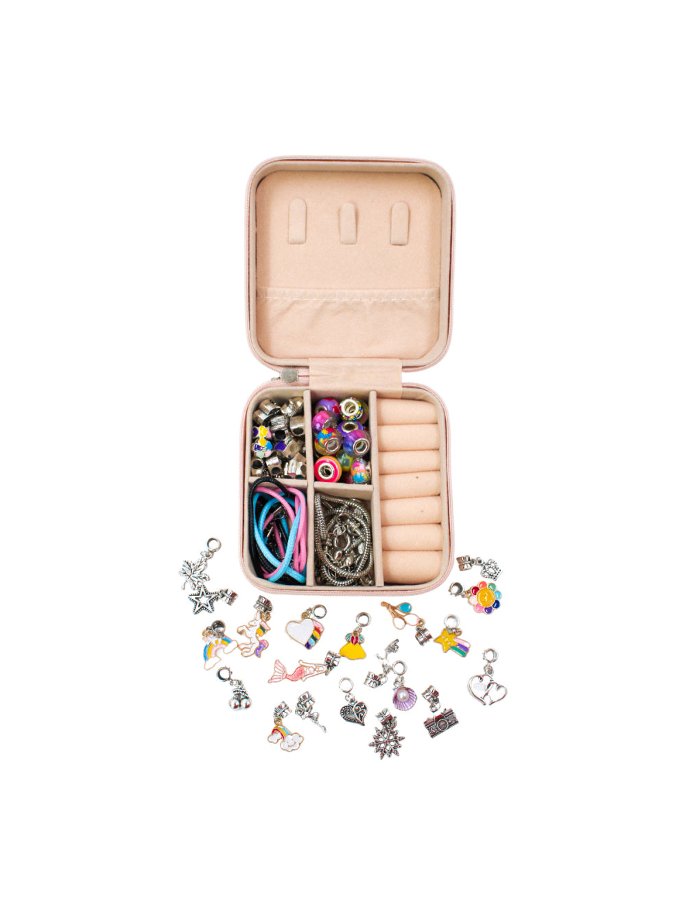 Kit Porta Joias Portatil Viagem Estojo Rosa Com Missangas Pink Cor:Rosa