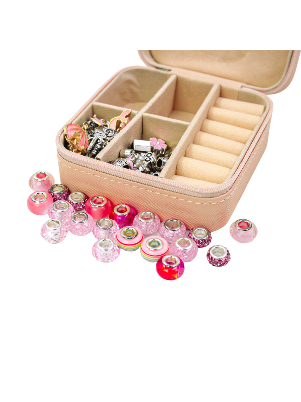 Kit Porta Joias Portatil Viagem Estojo Rosa Com Missangas Pink Cor:Rosa