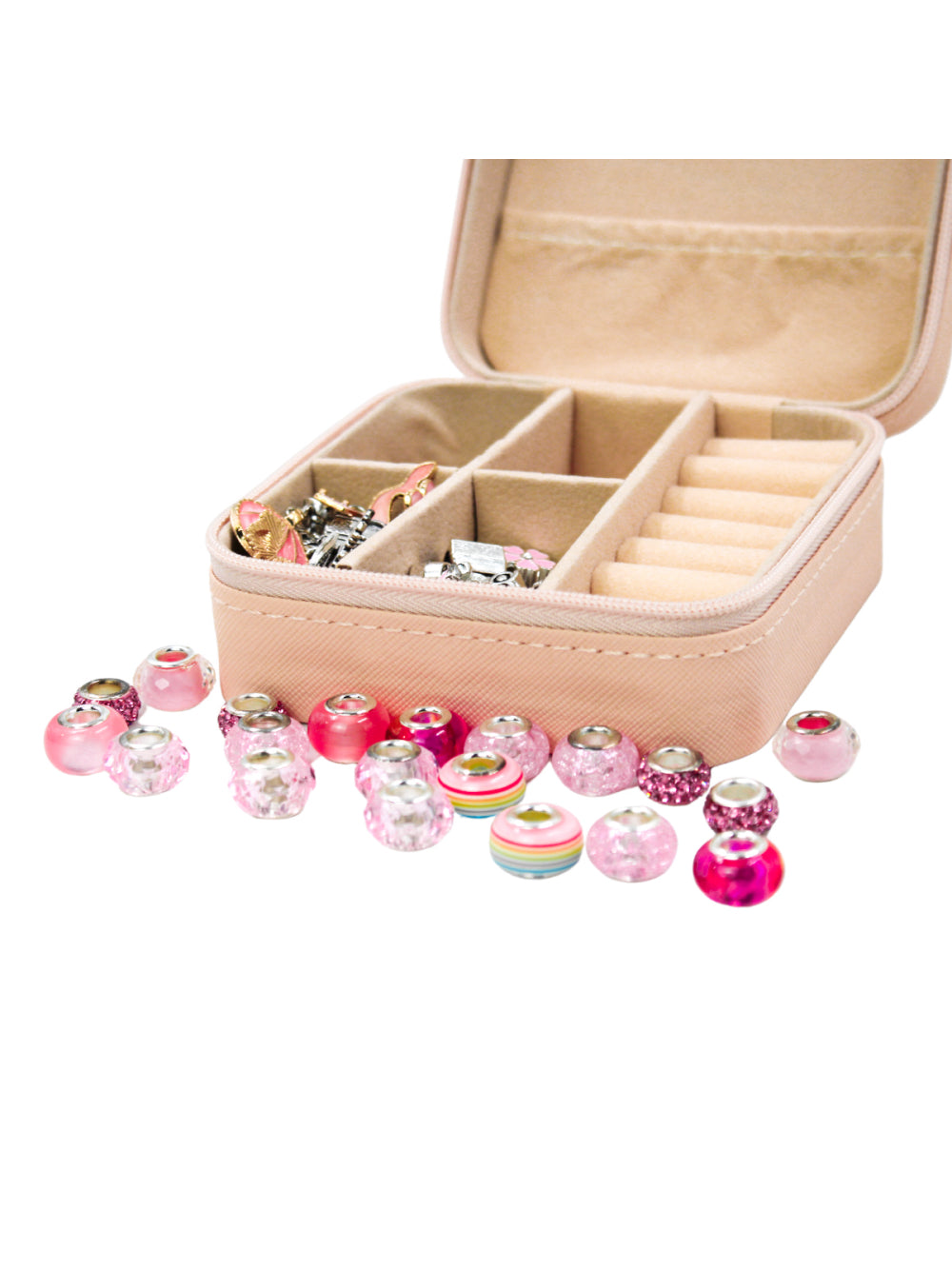 Kit Porta Joias Portatil Viagem Estojo Rosa Com Missangas Pink Cor:Rosa