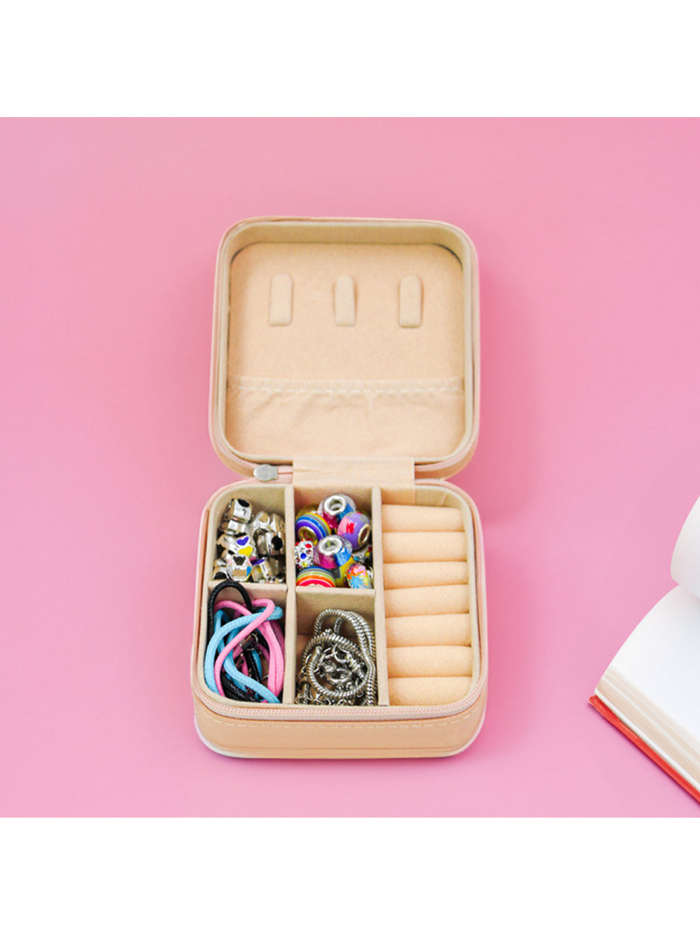 Kit Porta Joias Portatil Viagem Estojo Rosa Com Missangas Pink Cor:Rosa