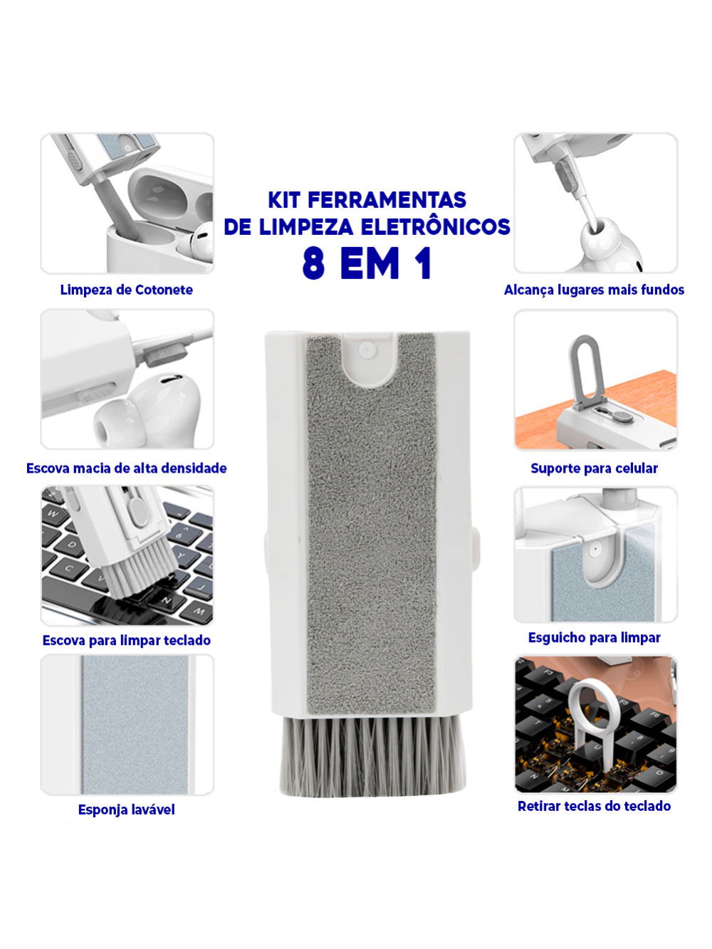 Kit Ferramentas De Limpeza Eletrônicos 8 Em 1 Teclado Headset Fones Notebooks Celulares COR:BRANCO