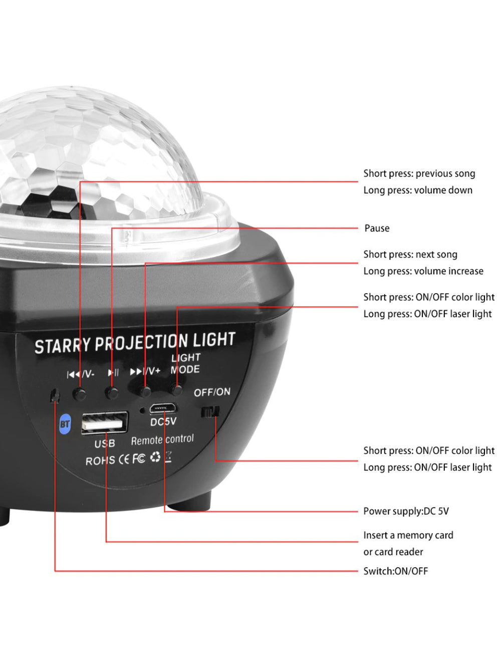 Luminaria Pojeção De Estrelas Universo Caixa De Som Bluetooth Cor:Preto