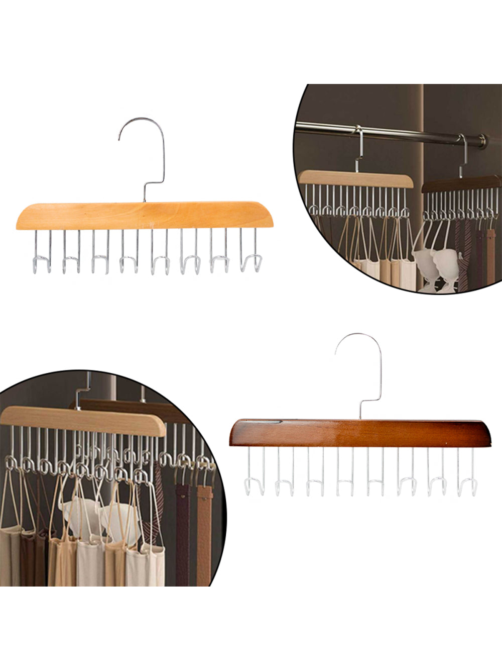 Cabide Madeira Rotativo Ganchos Organizador Armário Closet Cor:Marrom